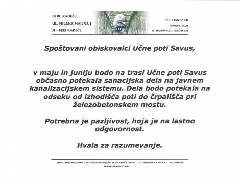 OBVESTILO - Sanacijska dela na Učni poti Savus