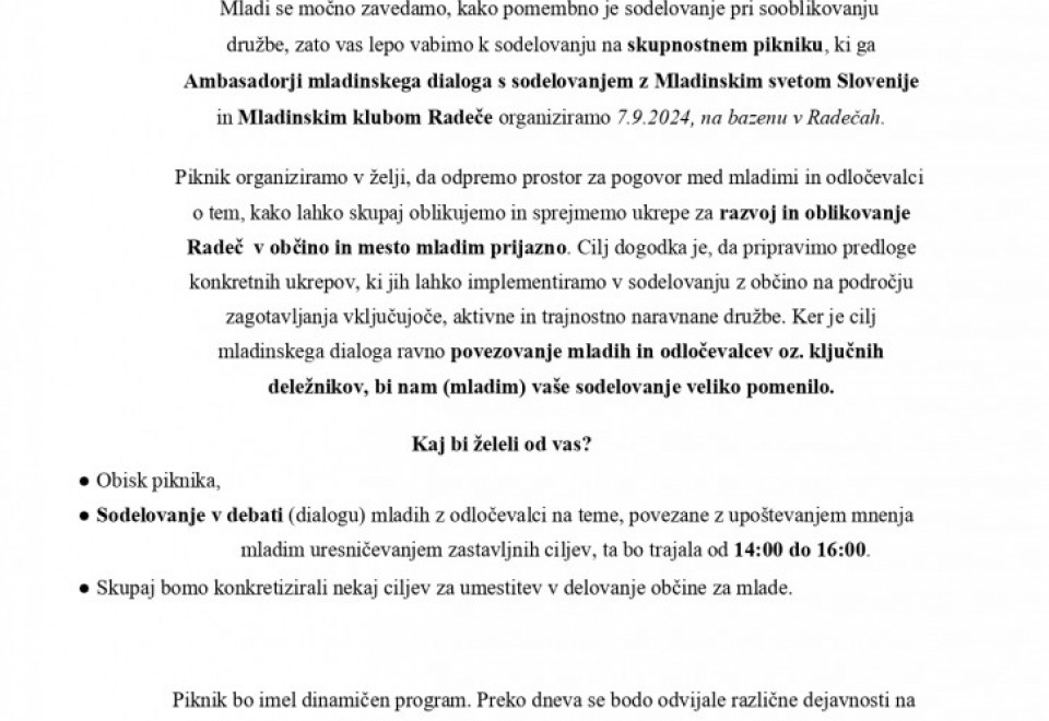 Piknik mladih in odločevalcev na Bazenu Radeče