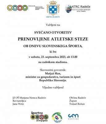 23.9.2023 - ODPOVEDANO Svečana otvoritev prenovljene atletske steze ob Dnevu slovenskega športa