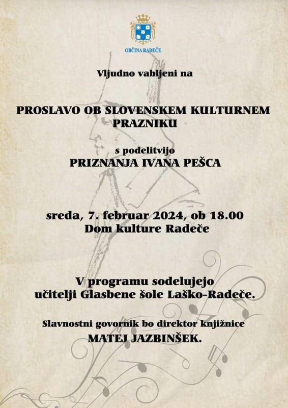 Vabilo na Proslavo ob slovenskem kulturnem prazniku s podelitvijo priznanja Ivana Pešca